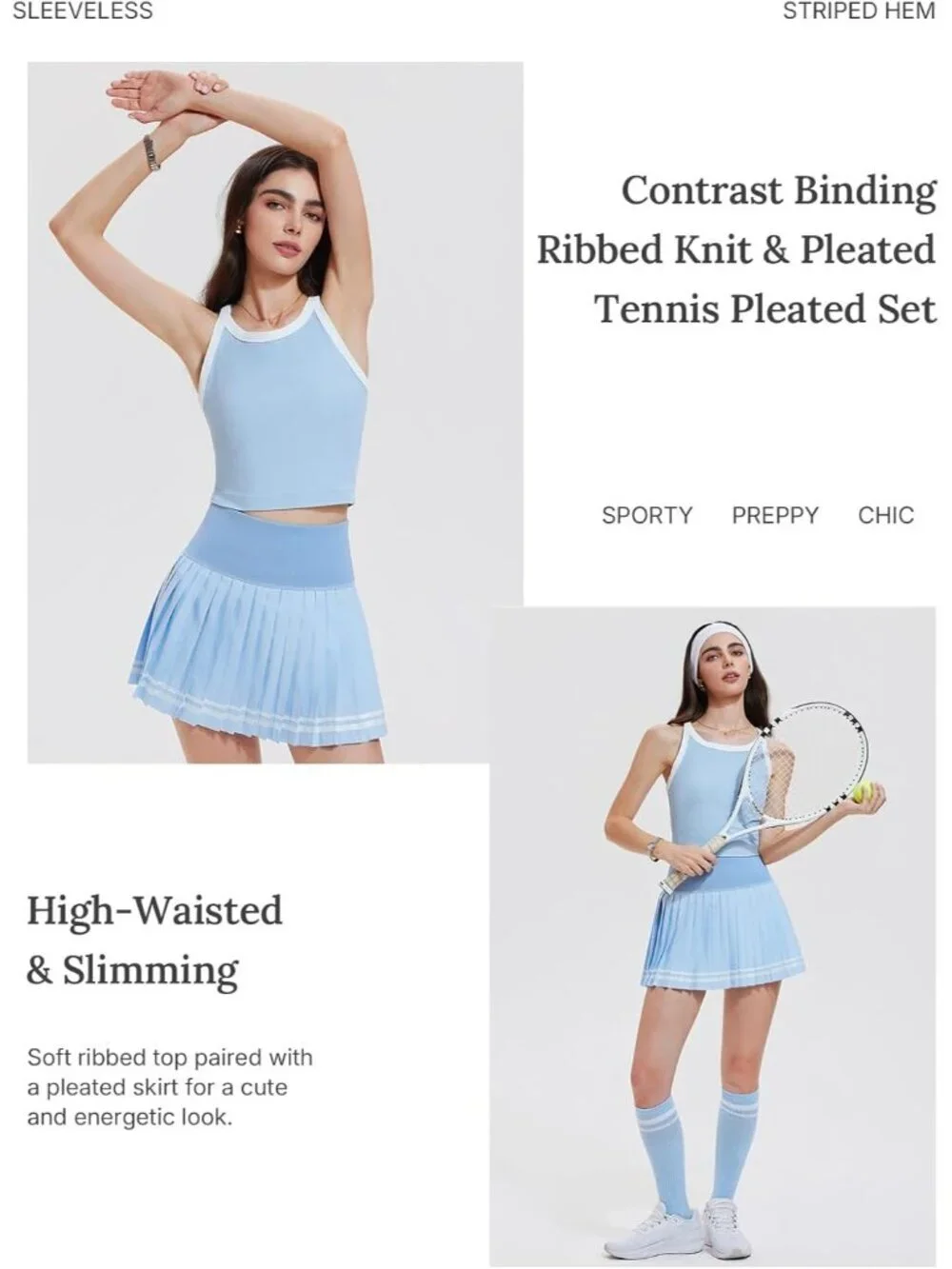 Women's Sky Blue 2 Piece Racer Back Tennis Skirt Tank Top Pull On Golf Dress